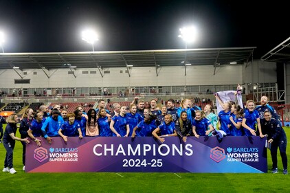 Chelsea poses for a group photo after defeating Manchester United in a soccer game to win the Women's Super League at Leigh Sports Village in Manchester, England, Wednesday April 30, 2025. (Nick Potts/PA via AP) (AP)