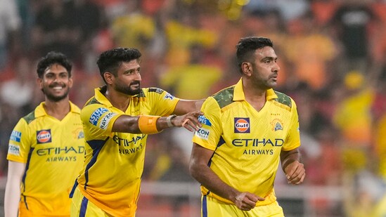 Chennai Super Kings' Ravichandran Ashwin with teammates during a match. (PTI)