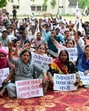 Members of All Contractual Karamchari Sangh Bharat protesting against the Chandigarh administration at the Sector 20 mosque ground on Thursday. (Ravi Kumar/HT) Members of All Contractual Karamchari Sangh Bharat protesting against the Chandigarh administration at the Sector 20 mosque ground on Thursday. (Ravi Kumar/HT)