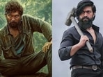 Allu Arjun and Yash in stills from their highly popular Pushpa and KGF films. Allu Arjun and Yash in stills from their highly popular Pushpa and KGF films.