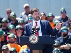 Vice President JD Vance makes remarks during an event to mark the Trump administration's first 100 days at a Nucor Steel Berkeley, Thursday, May 1, 2025, in Huger, S.C.