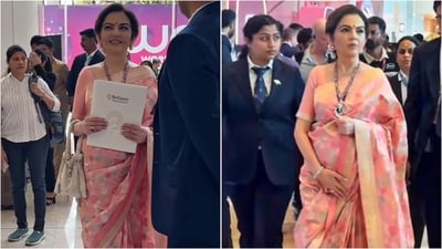 Nita Ambani dazzles in pastel Banarasi saree at WAVES 2025 summit. (Instagram/@manav.manglani) Nita Ambani dazzles in pastel Banarasi saree at WAVES 2025 summit. (Instagram/@manav.manglani)