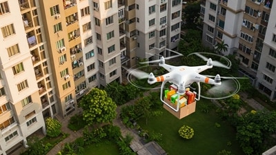 An apartment complex in South Bengaluru now receives groceries, medicines, and daily essentials through drone deliveries. (Representational Image) (AI-generated image created by Gemini )