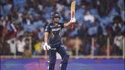 Gujarat Titans' Shubman Gill celebrates his half century. (PTI) Gujarat Titans' Shubman Gill celebrates his half century. (PTI)