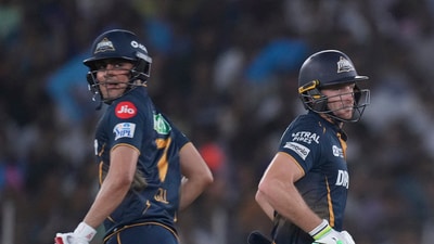 After the latter fell, Jos Buttler upped the ante for them and put up a partnership of 62 runs with Gill off just 37 balls. He then put up a 57-run stand with Washington Sundar off 34 balls. (AP) After the latter fell, Jos Buttler upped the ante for them and put up a partnership of 62 runs with Gill off just 37 balls. He then put up a 57-run stand with Washington Sundar off 34 balls. (AP)