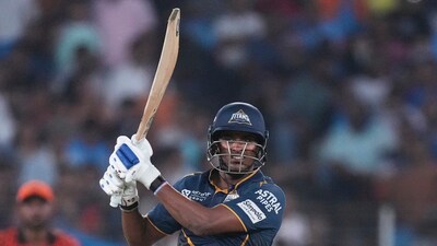 Sai Sudharsan plays a shot enroute to his 48(23) vs SRH. (AP) Sai Sudharsan plays a shot enroute to his 48(23) vs SRH. (AP)