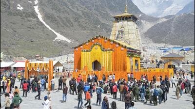 People gather at Kedarnath Dham after the portals were opened to devotees on Friday. (HT Photo) People gather at Kedarnath Dham after the portals were opened to devotees on Friday. (HT Photo)