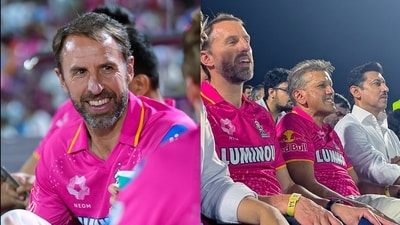Gareth Southgate was spotted cheering for RR during their clash against Mumbai Indians on Thursday night (X/RajasthanRoyals) Gareth Southgate was spotted cheering for RR during their clash against Mumbai Indians on Thursday night (X/RajasthanRoyals)