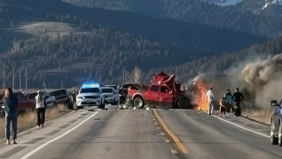 Rescue workers arrive to the scene after a deadly collision between a pickup truck and tour van near Henry’s Lake State Park in eastern Idaho on Thursday, May 1, 2025. (Roger Merrill via A) (AP) Rescue workers arrive to the scene after a deadly collision between a pickup truck and tour van near Henry’s Lake State Park in eastern Idaho on Thursday, May 1, 2025. (Roger Merrill via A) (AP)