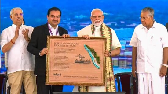 Modi started the visit with reviewing the operations, specially the Mediterranean Shipping Company (MSC) mother ship docked at the port (PTI)