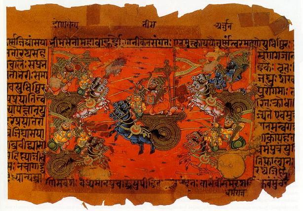 A manuscript illustration of the battle of Kurukshetra. “While the British restricted plays with an overtly nationalistic message, they appeared to have no problem in approving those with religious themes... Given that plays based on scriptures and epics held a wide appeal, playwrights began concealing nationalistic messages in mythological stories.” (Wikipedia) A manuscript illustration of the battle of Kurukshetra. “While the British restricted plays with an overtly nationalistic message, they appeared to have no problem in approving those with religious themes... Given that plays based on scriptures and epics held a wide appeal, playwrights began concealing nationalistic messages in mythological stories.” (Wikipedia)