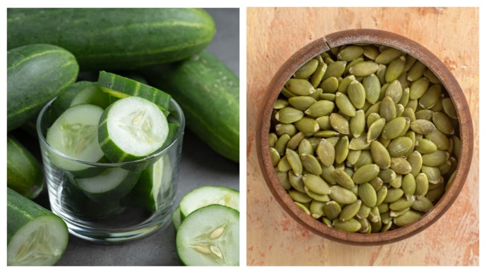 Cucumber slices and pumpkin seeds are a great crunchy snack pair.(Freepik)