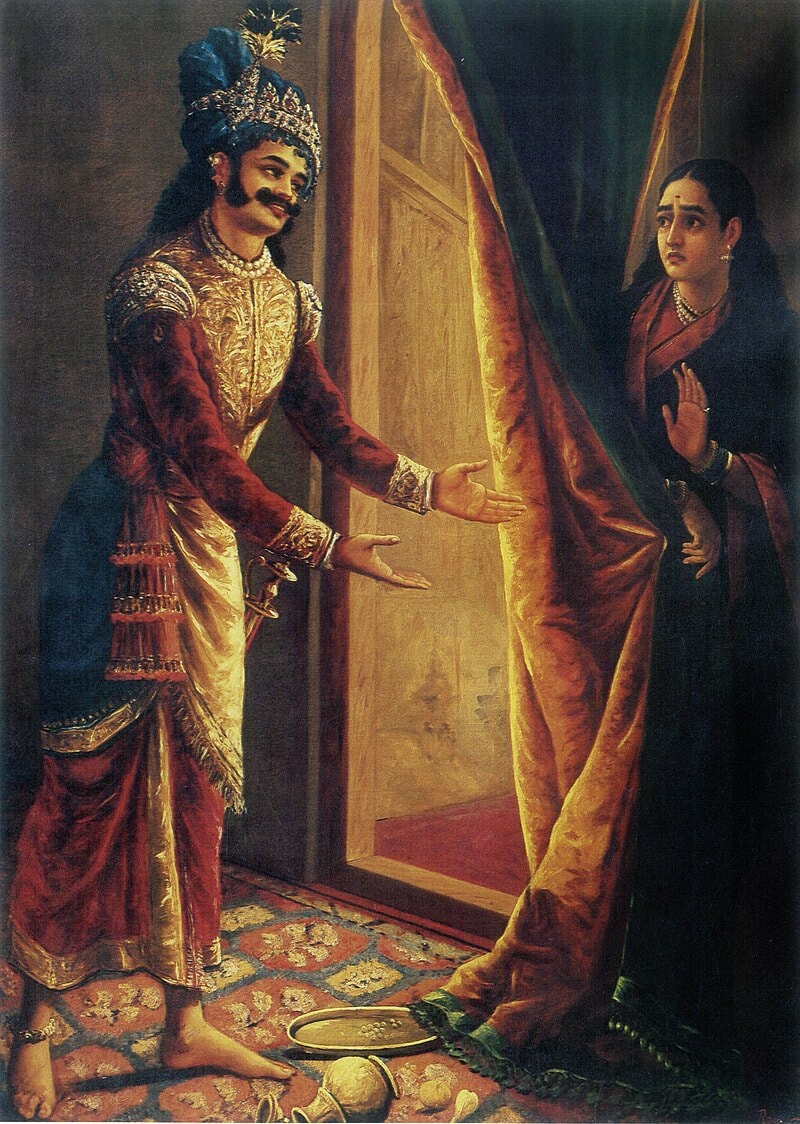 Raja Ravi Varma’s painting of Keechaka and Sairandhri, 1890. “One of the most explosive plays of this era was Kichak Vadha (Slaying of Kichaka) by Krishnaji Khadilkar... Drawing inspiration yet again from the Mahabharata, the Marathi drama turned the episode from the Virata-Parvan into an allegory of India’s humiliation... Kichaka represented Lord Curzon, the Viceroy, with his atrocities representing the Viceroy’s excesses; Draupadi was India, and her dishonour was Mother India’s shame.” (Wikipedia) Raja Ravi Varma’s painting of Keechaka and Sairandhri, 1890. “One of the most explosive plays of this era was Kichak Vadha (Slaying of Kichaka) by Krishnaji Khadilkar... Drawing inspiration yet again from the Mahabharata, the Marathi drama turned the episode from the Virata-Parvan into an allegory of India’s humiliation... Kichaka represented Lord Curzon, the Viceroy, with his atrocities representing the Viceroy’s excesses; Draupadi was India, and her dishonour was Mother India’s shame.” (Wikipedia)