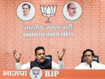 Bharatiya Janata Party (BJP) national spokesperson Sambit Patra with MoS and Bengal party President Sukanta Majumdar addresses a press conference at Party Headquarter in New Delhi on Friday. 