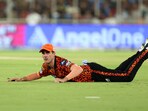 Sunrisers Hyderabad captain Pat Cummins reacts after failing to field a ball vs Gujarat Titans.