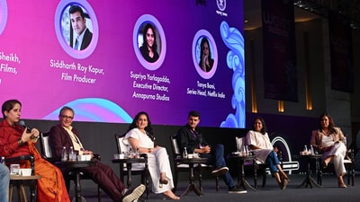 Guneet Monga Kapoor, Producer, Michael Lehmann, Film & Television Director, Ruchikaa Kapoor Sheikh, Director Netflix, Siddharth Roy Kapur, Producer, Supriya Yarlagadda Executive Director Annapurna Studios and Tanya Bami, Series Head, Netflix India During the session named "Breaking New Ground: The Evolution of Storytelling in a digital Era", at Waves 2025. (ANI Photo) (Vijay Gohil)