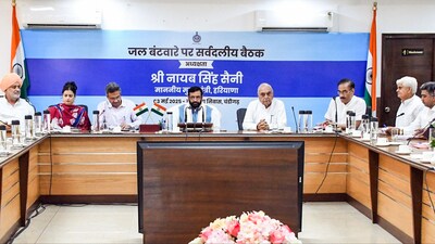 Haryana Chief Minister Nayab Saini chairs an all-party meeting over the ongoing water dispute between Haryana and Punjab, at his residence in Chandigarh on Saturday. (ANI) Haryana Chief Minister Nayab Saini chairs an all-party meeting over the ongoing water dispute between Haryana and Punjab, at his residence in Chandigarh on Saturday. (ANI)