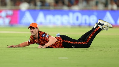 Sunrisers Hyderabad captain Pat Cummins reacts after failing to field a ball vs Gujarat Titans. (REUTERS)