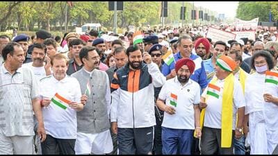 Haryana chief minister Nayab Singh Saini (centre) taking part in the walkathon under the Drug-Free Chandigarh Campaign, in Chandigarh on Saturday. (ANI Photo) Haryana chief minister Nayab Singh Saini (centre) taking part in the walkathon under the Drug-Free Chandigarh Campaign, in Chandigarh on Saturday. (ANI Photo)