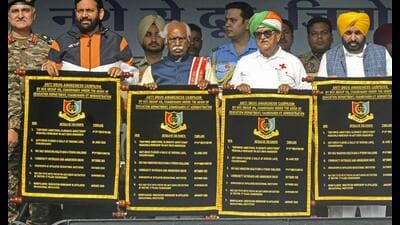 Haryana governor Bandaru Dattatreya, Punjab governor Gulab Chand Kataria, Haryana chief minister Nayab Singh Saini and Punjab chief minister Bhagwant Mann during an event in Chandigarh. (PTI) Haryana governor Bandaru Dattatreya, Punjab governor Gulab Chand Kataria, Haryana chief minister Nayab Singh Saini and Punjab chief minister Bhagwant Mann during an event in Chandigarh. (PTI)