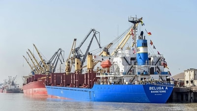 A general view shows ships docked at the Deendayal Port Authority (DPA) in Kandla in Gujarat state on April 5, 2025. (AFP) A general view shows ships docked at the Deendayal Port Authority (DPA) in Kandla in Gujarat state on April 5, 2025. (AFP)
