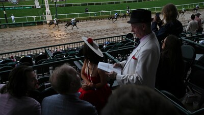 Race fans are seen in the stands as horses pass at Churchill Downs before the 151st running of the Kentucky Derby horse race Saturday, May 3, 2025, in Louisville, Ky. (AP Photo/Jon Cherry) (AP) Race fans are seen in the stands as horses pass at Churchill Downs before the 151st running of the Kentucky Derby horse race Saturday, May 3, 2025, in Louisville, Ky. (AP Photo/Jon Cherry) (AP)