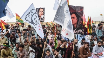 Supporters of Balochistan National Party (BNP) carry posters of arrested Baloch activist Mahrang Baloch during a protest in Quetta on May 2, 2025. Mahrang Baloch has risen to become the young face of a decades-old movement against rights abuses since she discovered her father's tortured body when she was a teenager. (AFP) Supporters of Balochistan National Party (BNP) carry posters of arrested Baloch activist Mahrang Baloch during a protest in Quetta on May 2, 2025. Mahrang Baloch has risen to become the young face of a decades-old movement against rights abuses since she discovered her father's tortured body when she was a teenager. (AFP)