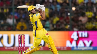 Chasing 214 runs, CSK began on a strong note as Ayush Mhatre took on the RCB bowlers early. The youngster cruised to 94 runs off 48 balls, losing his wicket to Lungi Ngidi in the 17th over. (PTI) Chasing 214 runs, CSK began on a strong note as Ayush Mhatre took on the RCB bowlers early. The youngster cruised to 94 runs off 48 balls, losing his wicket to Lungi Ngidi in the 17th over. (PTI)