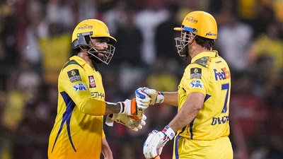 Meanwhile, Ravindra Jadeja remained unbeaten at 77* off 45 balls as CSK reached 211/5 in 20 overs. (PTI) Meanwhile, Ravindra Jadeja remained unbeaten at 77* off 45 balls as CSK reached 211/5 in 20 overs. (PTI)
