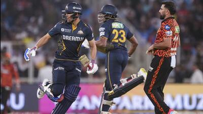 Sunrisers Hyderabad bowler Mohammed Shami’s (R) poor IPL season continued as Titans' Shubman Gill and Sai Sudharsan (23) cashed in on Friday in Ahmedabad. (PTI) Sunrisers Hyderabad bowler Mohammed Shami’s (R) poor IPL season continued as Titans' Shubman Gill and Sai Sudharsan (23) cashed in on Friday in Ahmedabad. (PTI)
