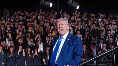 US President Donald Trump gestures after delivering commencement remarks at the University of Alabama in Tuscaloosa, Alabama, on May 1, 2025. (AFP) US President Donald Trump gestures after delivering commencement remarks at the University of Alabama in Tuscaloosa, Alabama, on May 1, 2025. (AFP)