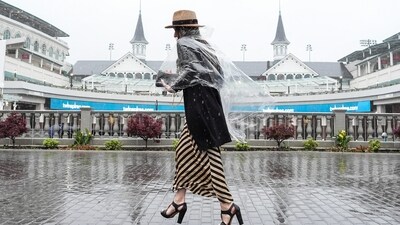 Rain falls Saturday morning for the 2025 Kentucky Derby day at Churchill Downs in Louisville, Kentucky. Mandatory Credit: Matt Stone/USA TODAY NETWORK via Imagn Images (IMAGN IMAGES via Reuters Connect)