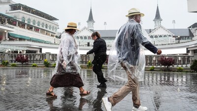 Rain falls Saturday morning for the 2025 Kentucky Derby day at Churchill Downs in Louisville, Kentucky. Mandatory Credit: Matt Stone/USA TODAY NETWORK via Imagn Images (IMAGN IMAGES via Reuters Connect)