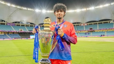 Aryaman Varma poses with the ILT20 2025 trophy. He lifted the title with Dubai Capitals (Instagram/Aryaman Varma)