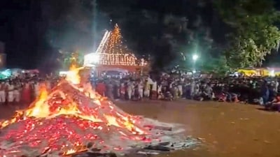 People around a bonfire during a temple festival, in Goa, Saturday, May 3, 2025. At least six persons were killed and several others sustained injuries after a stampede broke out at the Sree Lairai Devi temple in North Goa. (PTI) People around a bonfire during a temple festival, in Goa, Saturday, May 3, 2025. At least six persons were killed and several others sustained injuries after a stampede broke out at the Sree Lairai Devi temple in North Goa. (PTI)