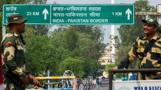 BSF personnel stand guard at the Integrated Check Post near Attari-Wagah border, in Amritsar district, Friday, May 2, 2025. (PTI)