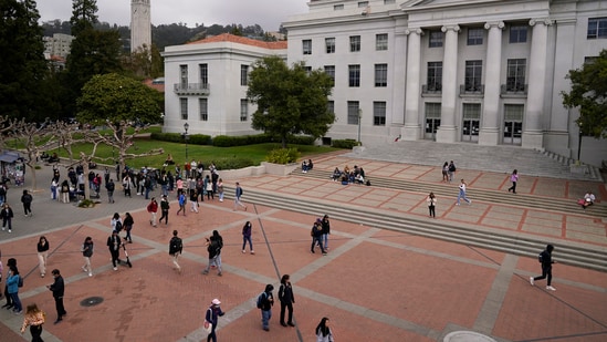 Students walk through Sproul Plaza on the University of California, Berkeley campus on March 29, 2022, in Berkeley, Calif. (AP Photo/Eric Risberg, File) (AP)