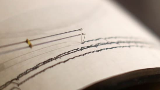 A working seismograph is shown in a display about earthquakes. (Reuters)