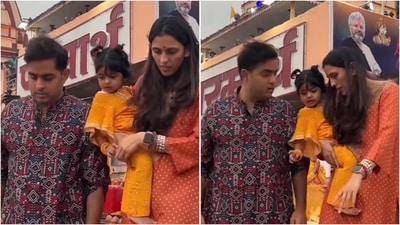 Akash Ambani and Shloka Mehta showcase simplicity in traditional outfits in Rishikesh. (Instagram/@ambani_update) Akash Ambani and Shloka Mehta showcase simplicity in traditional outfits in Rishikesh. (Instagram/@ambani_update)