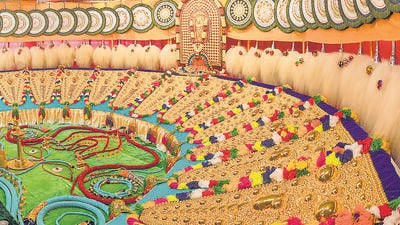 A view of exhibition of elephant ornaments ahead of the Thrissur Pooram festival, in Thrissur on Sunday (PTI) A view of exhibition of elephant ornaments ahead of the Thrissur Pooram festival, in Thrissur on Sunday (PTI)
