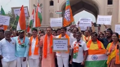 The BJP workers held placards at Charminar in Hyderabad that read slogans like 'Pahalgam ka badla lekar rahenge,' and 'Go back, Pakistanis, go back.' (Screengrab/X/@ANI)