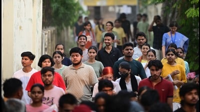 Candidates coming out of a centre in Lucknow on Sunday. (Deepak Gupta/HT photo) Candidates coming out of a centre in Lucknow on Sunday. (Deepak Gupta/HT photo)