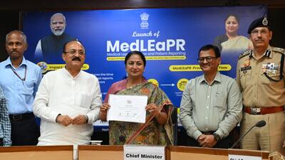 Delhi chief minister Rekha Gupta with minister Ashish Sood, Police Commissioner Sanjay Arora and chief secretary Dharmendra, at the launch of MedLEaPR at the Delhi Secretariat on Sunday. (Vipin Kumar/HT Photo) Delhi chief minister Rekha Gupta with minister Ashish Sood, Police Commissioner Sanjay Arora and chief secretary Dharmendra, at the launch of MedLEaPR at the Delhi Secretariat on Sunday. (Vipin Kumar/HT Photo)