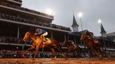 Sovereignty #18, ridden by jockey Junior Alvarado crosses the finish line to win the 151st running of the Kentucky Derby at Churchill Downs. (AFP) Sovereignty #18, ridden by jockey Junior Alvarado crosses the finish line to win the 151st running of the Kentucky Derby at Churchill Downs. (AFP)