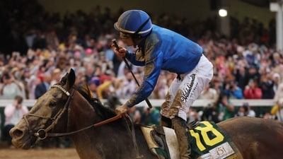 Sovereignty #18, ridden by jockey Junior Alvarado crosses the finish line to win the 151st running of the Kentucky Derby at Churchill Downs. (AFP) Sovereignty #18, ridden by jockey Junior Alvarado crosses the finish line to win the 151st running of the Kentucky Derby at Churchill Downs. (AFP)