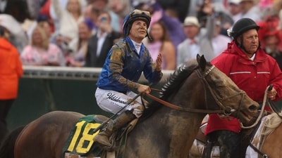 Jockey Junior Alvarado celebrates atop of Sovereignty #18 in winners circle after winning the 151st running of the Kentucky Derby at Churchill Downs in Louisville, Kentucky. (AFP) Jockey Junior Alvarado celebrates atop of Sovereignty #18 in winners circle after winning the 151st running of the Kentucky Derby at Churchill Downs in Louisville, Kentucky. (AFP)