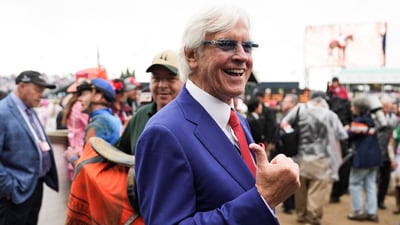 Trainer Bob Baffert laughs after talking with jockey Flavian Prat and the end of race 10 near the chute to the track as he waits for the 2025 Kentucky Derby at Churchill Downs in Louisville, Kentucky. He has Citizen Bull in the Derby, his first time back at Churchill Downs in three years. (Matt Stone/USA Today)