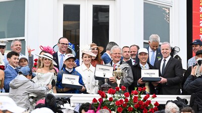 Matthias Breschan, right, CEO, Longines, and Brittany Garcia, center, Longines US Brand President, present Longines timepieces to the connections of Sovereignty, including jockey Junior Alvarado, trainer Bill Mott, center, and Godolphin's Michael Banahan, second right, after winning the 151st Kentucky Derby. (AP) Matthias Breschan, right, CEO, Longines, and Brittany Garcia, center, Longines US Brand President, present Longines timepieces to the connections of Sovereignty, including jockey Junior Alvarado, trainer Bill Mott, center, and Godolphin's Michael Banahan, second right, after winning the 151st Kentucky Derby. (AP)