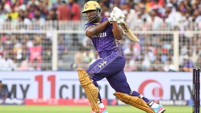 Kolkata Knight Riders all-rounder Andre Russell on way to a 27-ball 55 against Rajasthan Royals in the IPL game against Rajasthan Royals at the Eden Gardens, Kolkata on Sunday. (Samir Jana/HT Photo) Kolkata Knight Riders all-rounder Andre Russell on way to a 27-ball 55 against Rajasthan Royals in the IPL game against Rajasthan Royals at the Eden Gardens, Kolkata on Sunday. (Samir Jana/HT Photo)