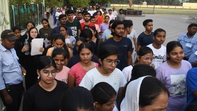 Candidates coming out after appearing in the NEET (UG) exam at an examination centre. (HT File)